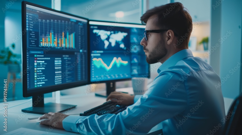 Focused Financial Analyst Working on Multiple Monitors Focused Financial Analyst Working on Multiple Monitors