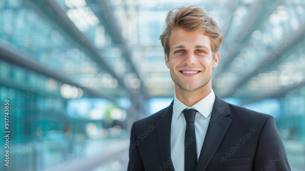Confident Young Businessman Smiling in Modern Office Confident Young Businessman Smiling in Modern Office