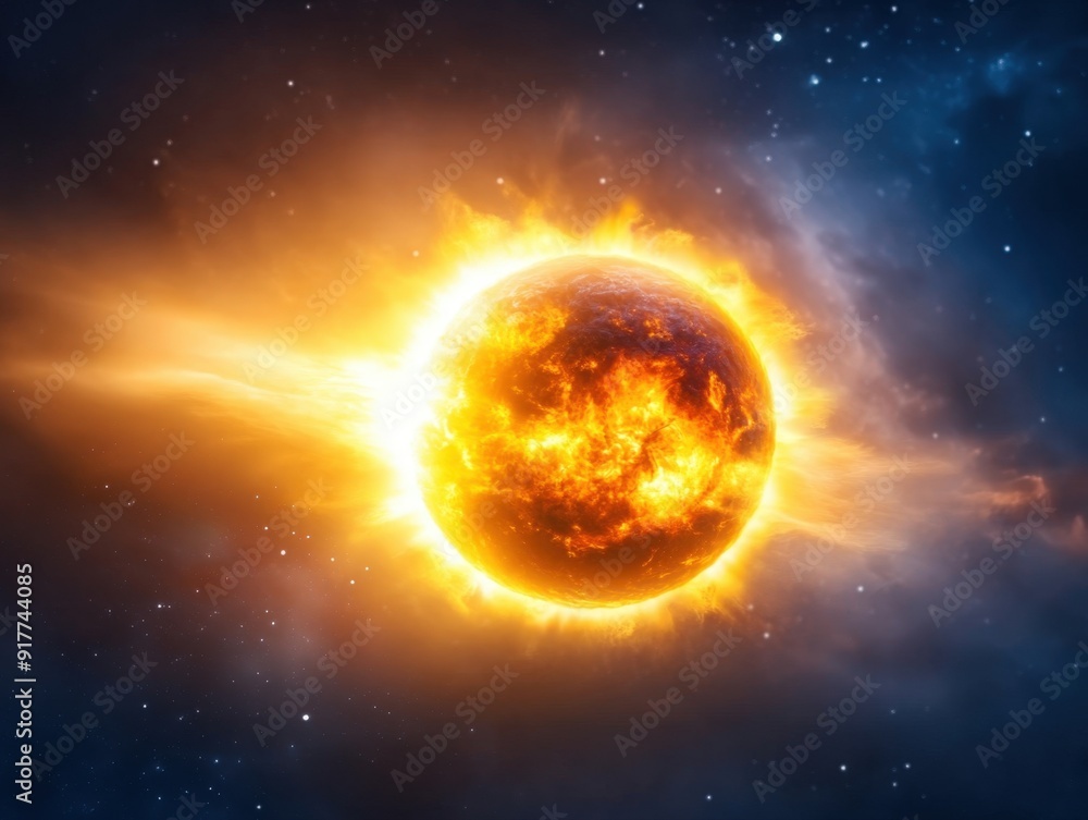 Obraz premium A fiery planet illuminated by a radiant sun in the depths of outer space
