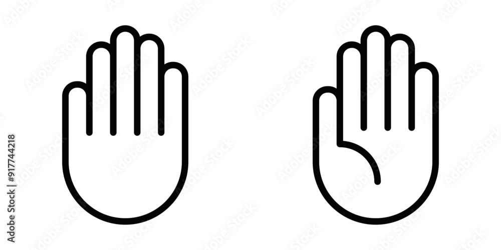 Vector icon of a raised hand, representing a stop gesture, caution, or interaction, designed in a minimalistic black outline. Editable stroke. Vector icon of a raised hand, representing a stop gesture, caution, or interaction, designed in a minimalistic black outline. Editable stroke.
