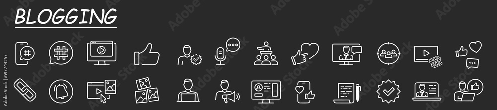 Blogging icon collection. Containing influencer, content, creation, vlogger, social media, digital marketing and community icons. Vector illustration. Blogging icon collection. Containing influencer, content, creation, vlogger, social media, digital marketing and community icons. Vector illustration.