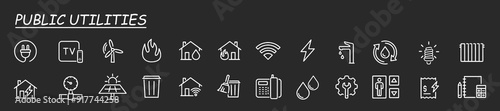 Public utilities icons. Gas, electricity, water, heating. Public utilities linear icon collection. Vector illustration