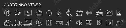 Audio Video Icons Pack. Thin line icons set. Flat icon collection set. Simple vector icons	