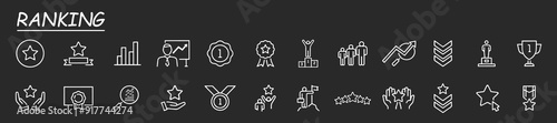 Ranking line icons. First place, star rating and winner medal. Shoulder strap, army achievement and star ranking icons. Linear set. Quality line set. Vector