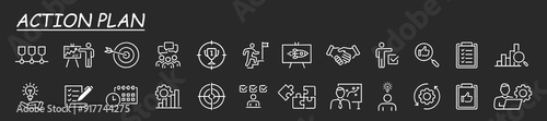Action plan icon set. Containing planning, schedule, strategy, analysis, tasks, goal, collaboration and objective icons. Solid icon collection.	