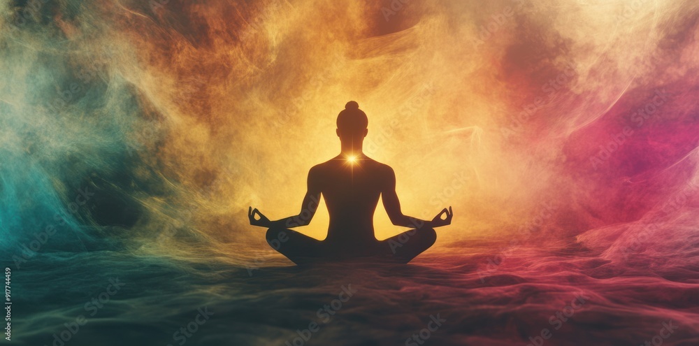 Silhouette of a Woman in Meditation, Surrounded by Colorful Clouds Silhouette of a Woman in Meditation, Surrounded by Colorful Clouds