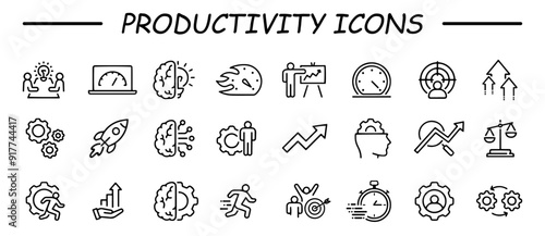 Productivity icon set. Containing efficiency, task, focus, multitasking, workflow, growth, routine, project management, automation and productive. Vector  collection.