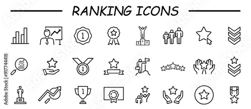 Ranking line icons. First place, star rating and winner medal. Shoulder strap, army achievement and star ranking icons. Linear set. Quality line set. Vector