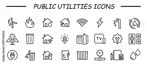 Public utilities icons. Gas, electricity, water, heating. Public utilities linear icon collection. Vector illustration