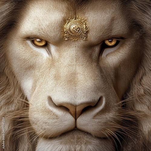 Majestic lion adorned with a golden emblem gazing fiercely with piercing eyes photo