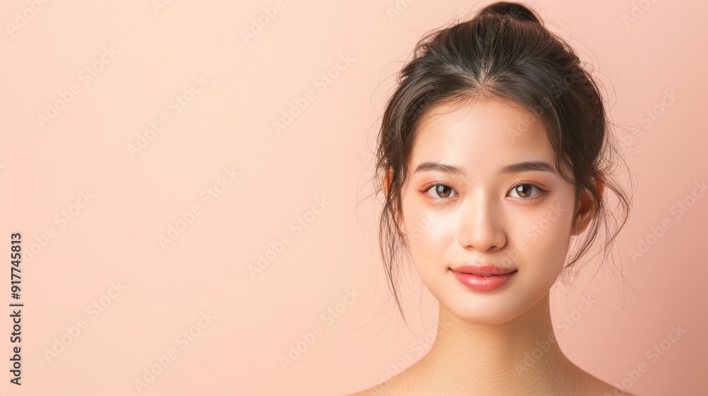 Young Woman with Natural Beauty on Peach Background Young Woman with Natural Beauty on Peach Background
