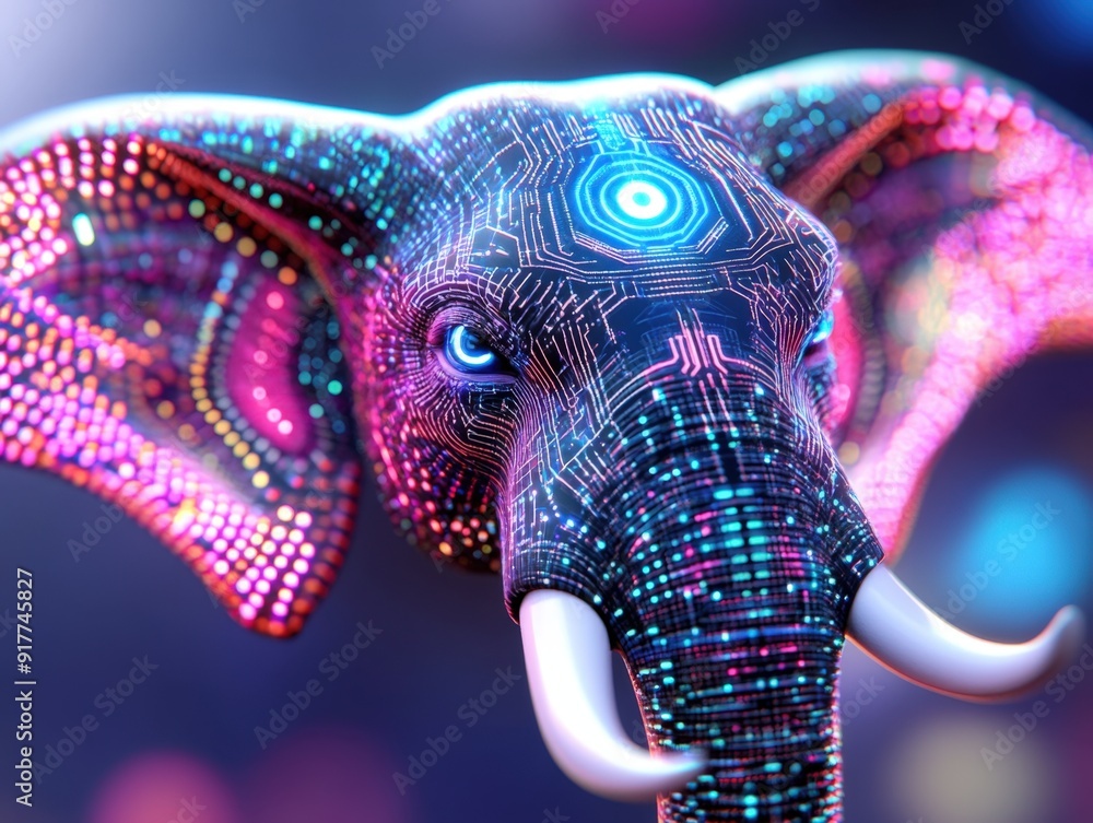 Obraz premium A vibrant and futuristic elephant adorned with glowing circuitry patterns