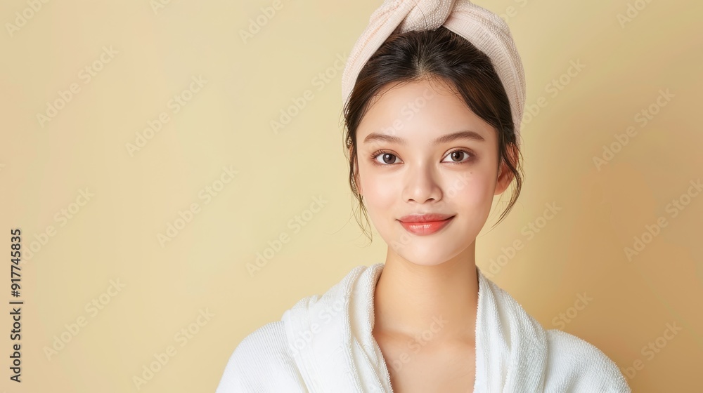 Woman Smiling in Bathrobe with Headband on Light Background
