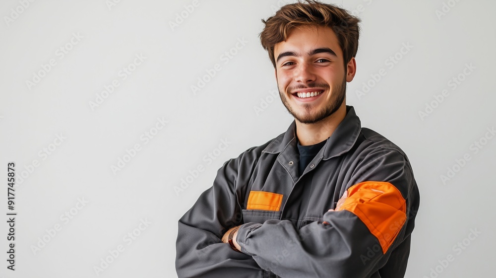 A young man in a work uniform smiles confidently while crossing his arms A young man in a work uniform smiles confidently while crossing his arms