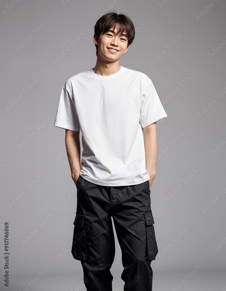 Sleek Studio Shot of Asian Man Modeling White Tshirt - Front View Sleek Studio Shot of Asian Man Modeling White Tshirt - Front View