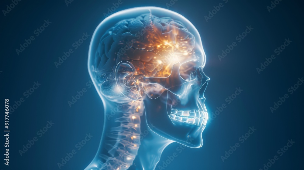 Human Brain and Skull X-ray with Neural Activity Human Brain and Skull X-ray with Neural Activity