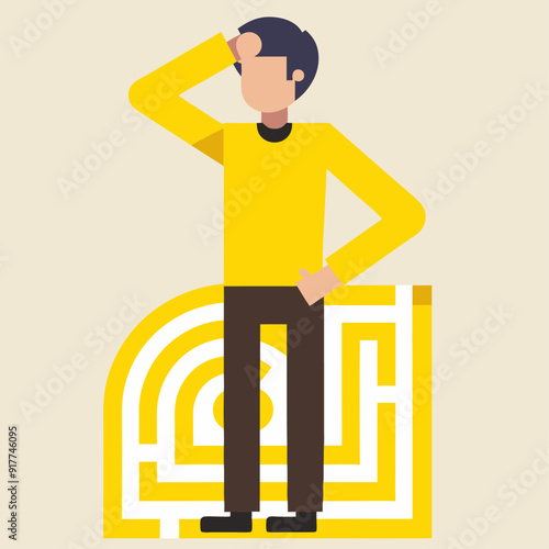 3D style cartoon character of a young man in a yellow sweater, standing in the middle of a labyrinth with a confused expression, scratching his head and looking around