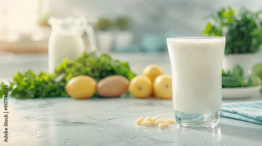 Fresh milk and ingredients on kitchen counter Fresh milk and ingredients on kitchen counter