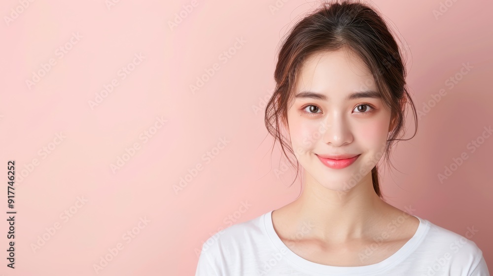 Close-up portrait of smiling young woman on pink background Close-up portrait of smiling young woman on pink background