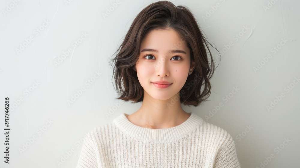 Smiling Woman with Short Hair in White Sweater Smiling Woman with Short Hair in White Sweater