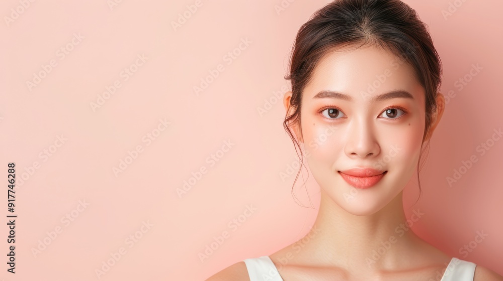 Smiling Woman with Soft Makeup on Pink Background Smiling Woman with Soft Makeup on Pink Background