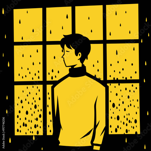 3D style cartoon character of a young adult man in a yellow sweater, standing by a window with rain droplets on the glass, looking out with a melancholic expression graphics
