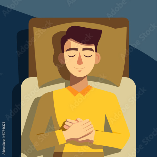 3D style cartoon character of a young adult man in a yellow sweater, lying on a bed with a peaceful expression, eyes closed, and hands tucked under the pillow