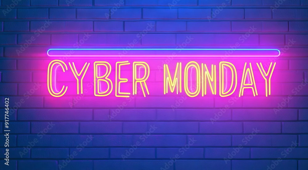 Obraz premium Neon sign displaying Cyber Monday in vibrant colors against a blue brick wall