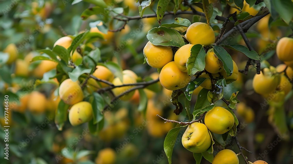 A leafy tree with ripe yellow quince fruits and a void beneath it A leafy tree with ripe yellow quince fruits and a void beneath it