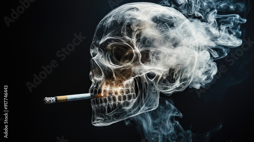 A skull made of smoke with the head tilted to one side, smoking a cigarette against a dark background