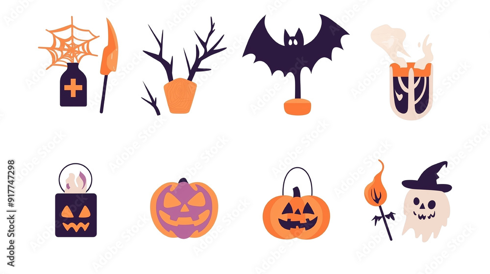 Fototapeta premium ダークで魅惑的なハロウィンアイコンセット：キャンドルとコウモリのシンボル集