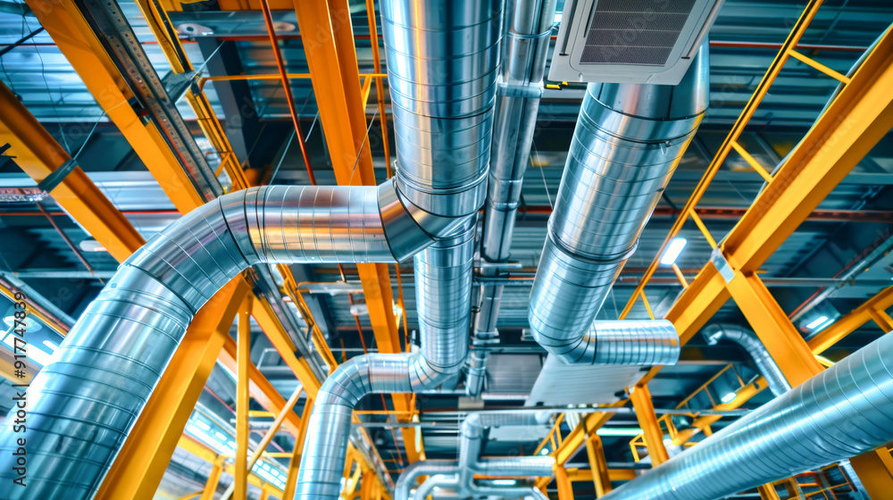 Steel pipes and vibrant air conditioning units create a dynamic atmosphere in this contemporary factory space filled with bright lighting Steel pipes and vibrant air conditioning units create a dynamic atmosphere in this contemporary factory space filled with bright lighting