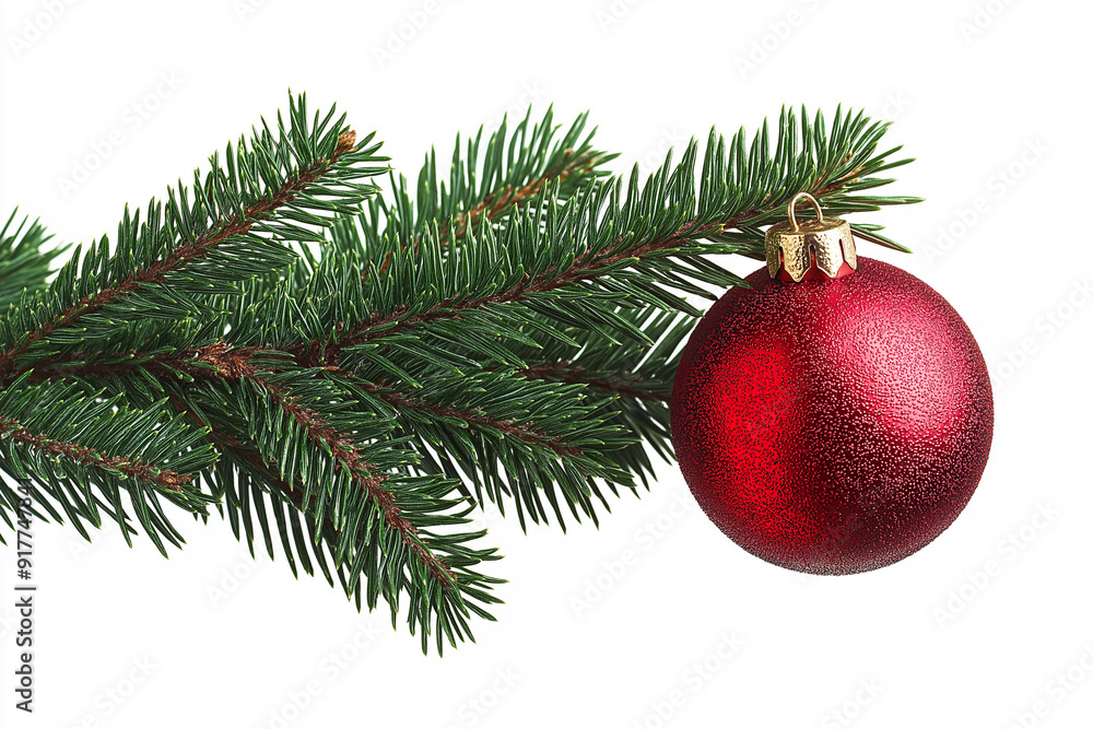 Christmas tree branch with red ball isolated on white background
Christmas tree branch with red ball isolated on white background