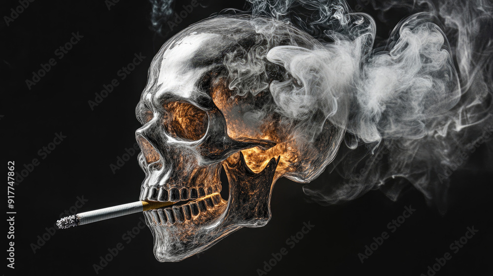 A skull made of smoke with the head tilted to one side, smoking a cigarette against a dark background A skull made of smoke with the head tilted to one side, smoking a cigarette against a dark background