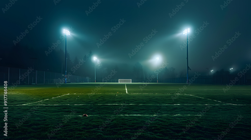 A soccer field with two lights shining on it A soccer field with two lights shining on it
