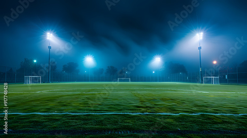 A soccer field with two lights shining on it