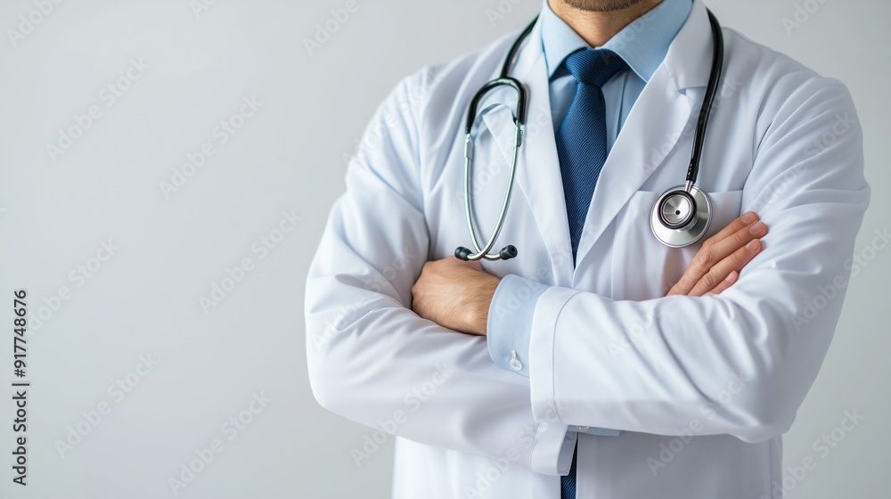 A doctor stands confidently with arms crossed, wearing a stethoscope and medical attire A doctor stands confidently with arms crossed, wearing a stethoscope and medical attire