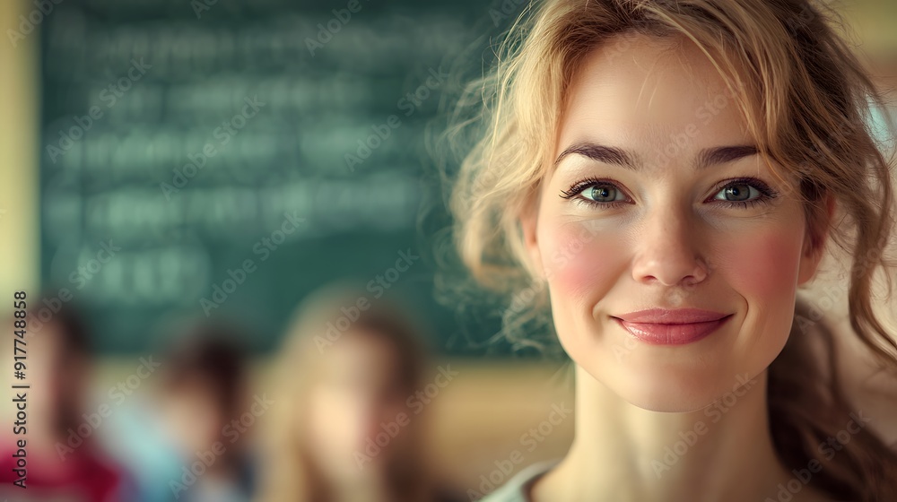 Teacher's Face in a Classroom: A teacher's face, warm and approachable, with a chalkboard behind and students blurred in the background.
Teacher's Face in a Classroom: A teacher's face, warm and approachable, with a chalkboard behind and students blurred in the background.