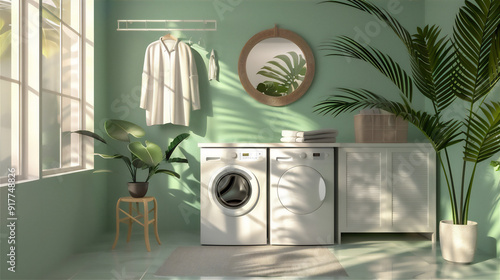 Laundry room interior with tropical theme, version 5