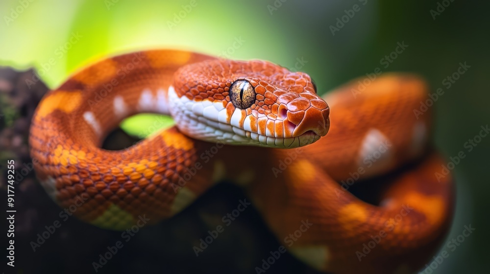 A tight shot of a snake coiled on a branch against a softly blurred backdrop of green foliage A tight shot of a snake coiled on a branch against a softly blurred backdrop of green foliage