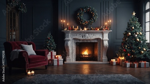 Wallpaper Mural Christmas interior with a fireplace. 3d illustration of an interior design in a classic style with Christmas trees, presents and deco for virtual reality and virtual 3D tours Torontodigital.ca