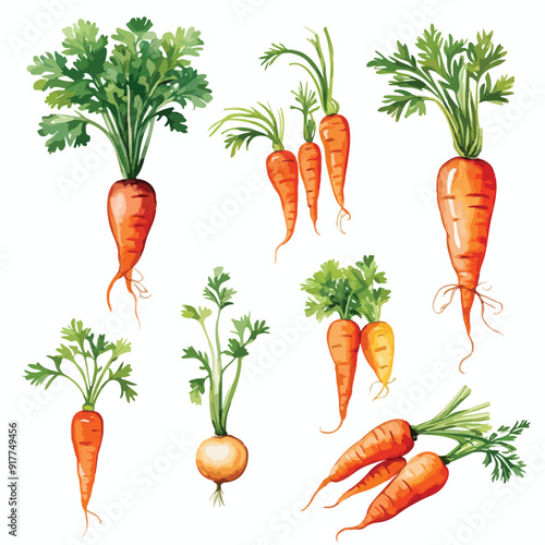 Watercolor vector vegetables set: carrot on white. Set of bunch ripe carrots. Watercolor bright hand-drawn illustration isolated on the white background.
