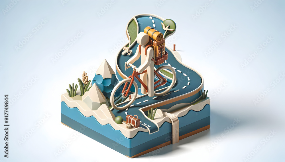 A person integrated with 3D flat icon of a bicycle on coastal road with backpack overlay for cycling road trip concept, isolated on white background. A person integrated with 3D flat icon of a bicycle on coastal road with backpack overlay for cycling road trip concept, isolated on white background.