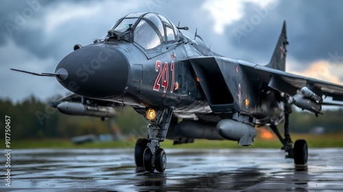  A fighter jet rests on an airport tarmac against a backdrop of cloud-filled sky