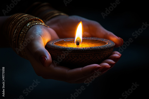 A close up of an Indian woman's hand wearing a bangle and ring holding a traditional wooden earthen diya with a flame against a dark backdrop