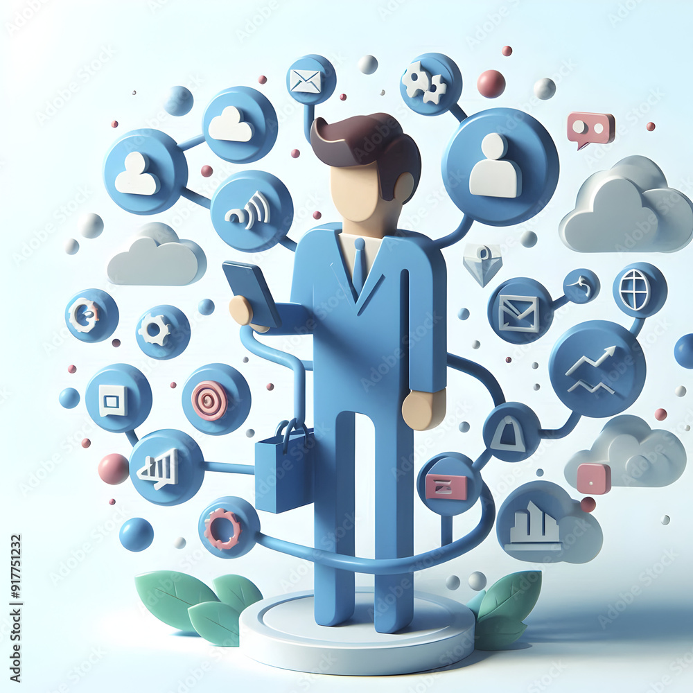 3D Flat Icon Person with Smartphone Interactive Content Overlay Symbolizing Interactive Marketing | Copy Space Concept 3D Flat Icon Person with Smartphone Interactive Content Overlay Symbolizing Interactive Marketing | Copy Space Concept