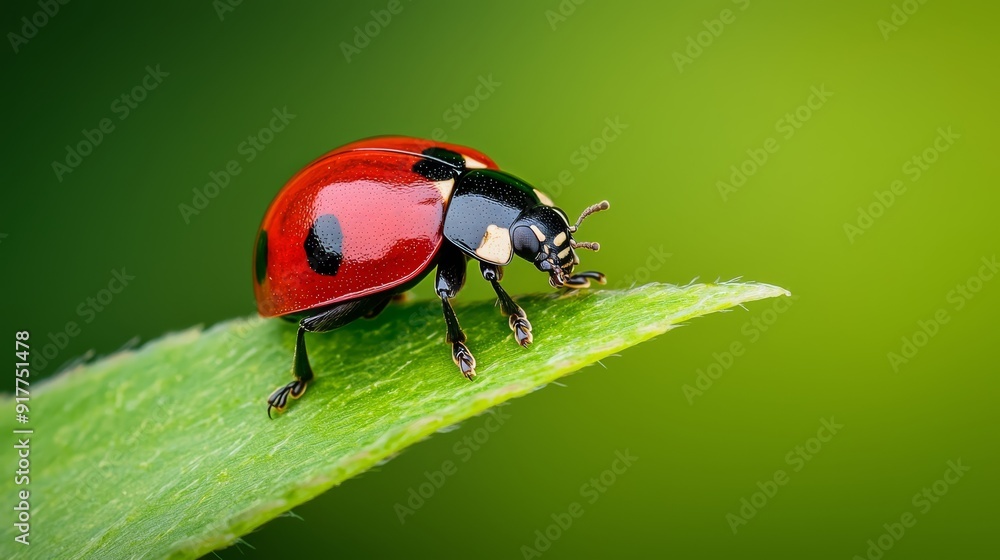 A tight shot of a red and black ladybug on a verdant leaf The ladybug displays a black spot at its hind end A tight shot of a red and black ladybug on a verdant leaf The ladybug displays a black spot at its hind end