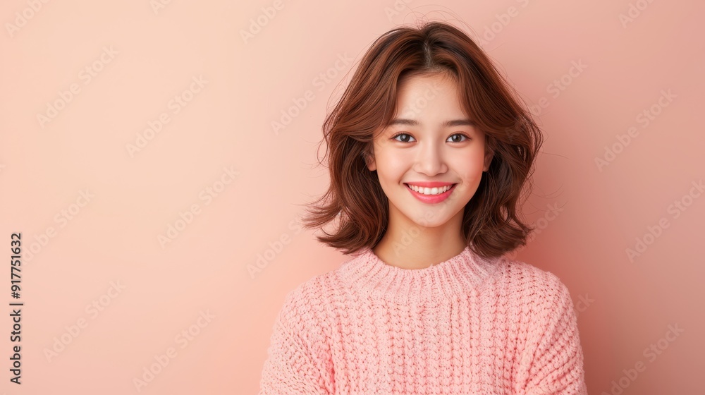 Smiling Woman in Pink Sweater on Peach Background Smiling Woman in Pink Sweater on Peach Background