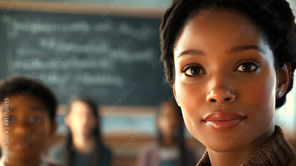 Teacher's Face in a Classroom: A teacher's face, warm and approachable, with a chalkboard behind and students blurred in the background.
Teacher's Face in a Classroom: A teacher's face, warm and approachable, with a chalkboard behind and students blurred in the background.