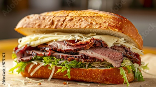 Smoked Brisket Sandwich with Cheese and Arugula